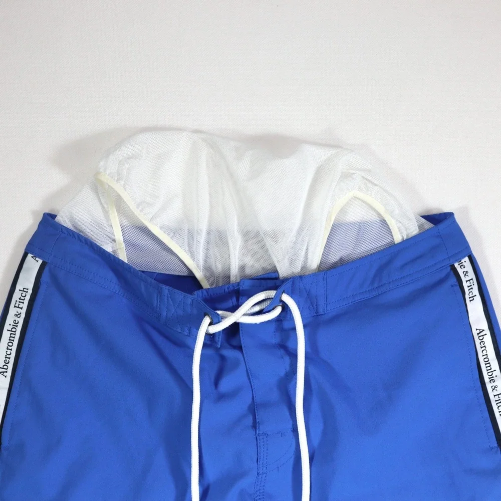 Abercrombie & Fitch Board Shorts Mens 30 Blue Logo Tape Stretch Swim Trunks EUC‎